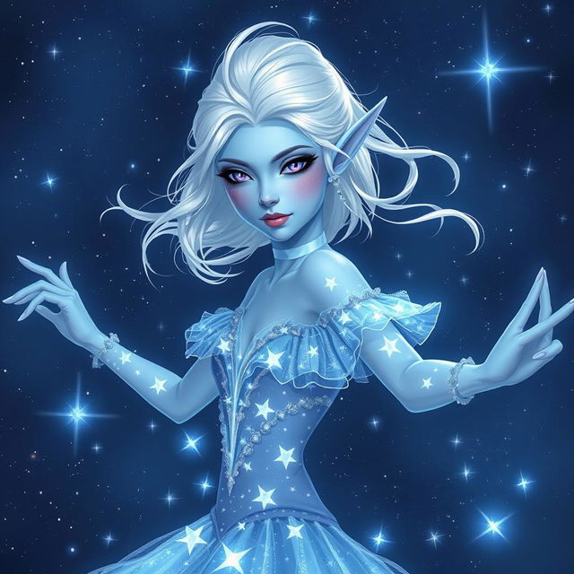 In the style of DnD character art, Maeve is illustrated as a striking figure with luminous light blue skin, elegantly pointed elven ears, and soft white hair that seems to float around her ethereally