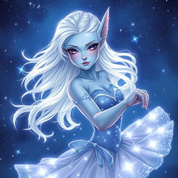 In the style of DnD character art, Maeve is illustrated as a striking figure with luminous light blue skin, elegantly pointed elven ears, and soft white hair that seems to float around her ethereally