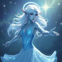 In the style of DnD character art, Maeve is illustrated as a striking and otherworldly figure, possessing light blue skin, elegantly pointed elven ears, and wisps of white hair that float softly around her like an ethereal halo