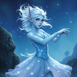 In the style of DnD character art, Maeve is illustrated as a striking and otherworldly figure, possessing light blue skin, elegantly pointed elven ears, and wisps of white hair that float softly around her like an ethereal halo