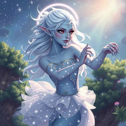 In the style of DnD character art, Maeve is illustrated as a striking and otherworldly figure, possessing light blue skin, elegantly pointed elven ears, and wisps of white hair that float softly around her like an ethereal halo