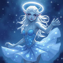 In the style of DnD character art, Maeve is illustrated as a striking and otherworldly figure, possessing light blue skin, elegantly pointed elven ears, and wisps of white hair that float softly around her like an ethereal halo