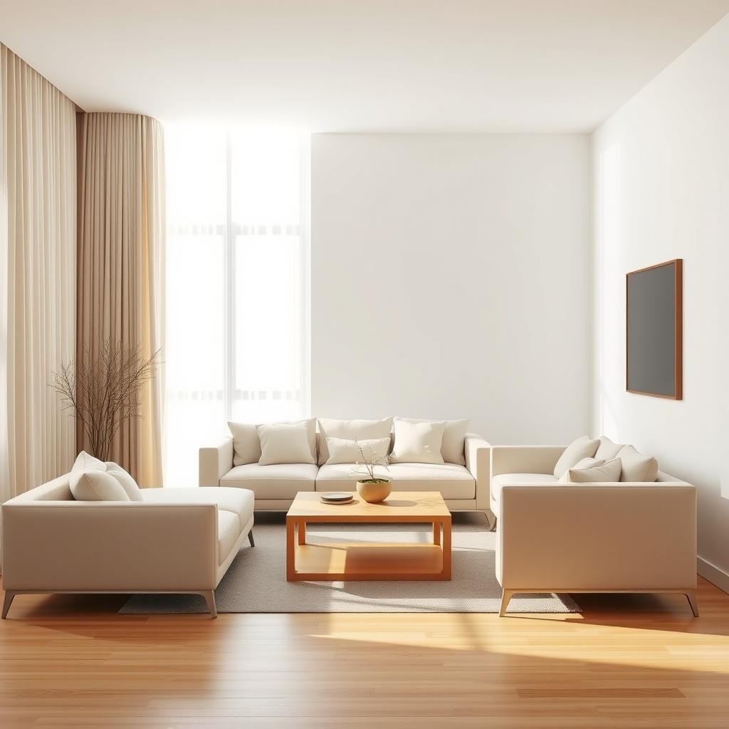 A minimalist living room featuring sleek, modern furniture with a neutral color palette