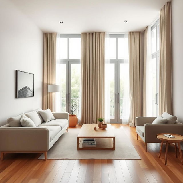 A minimalist living room featuring sleek, modern furniture with a neutral color palette