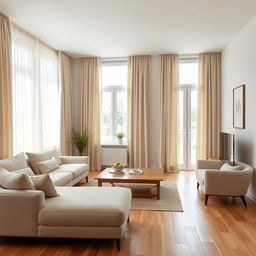A minimalist living room featuring sleek, modern furniture with a neutral color palette