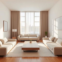 A minimalist living room featuring sleek, modern furniture with a neutral color palette