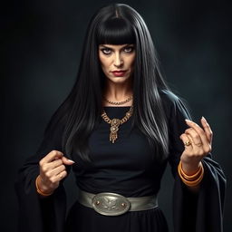 A 50-year-old woman with long, straight black hair and brown eyes, wearing a long black dress with wide sleeves and a silver belt