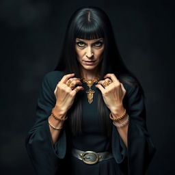A 50-year-old woman with long, straight black hair and brown eyes, wearing a long black dress with wide sleeves and a silver belt