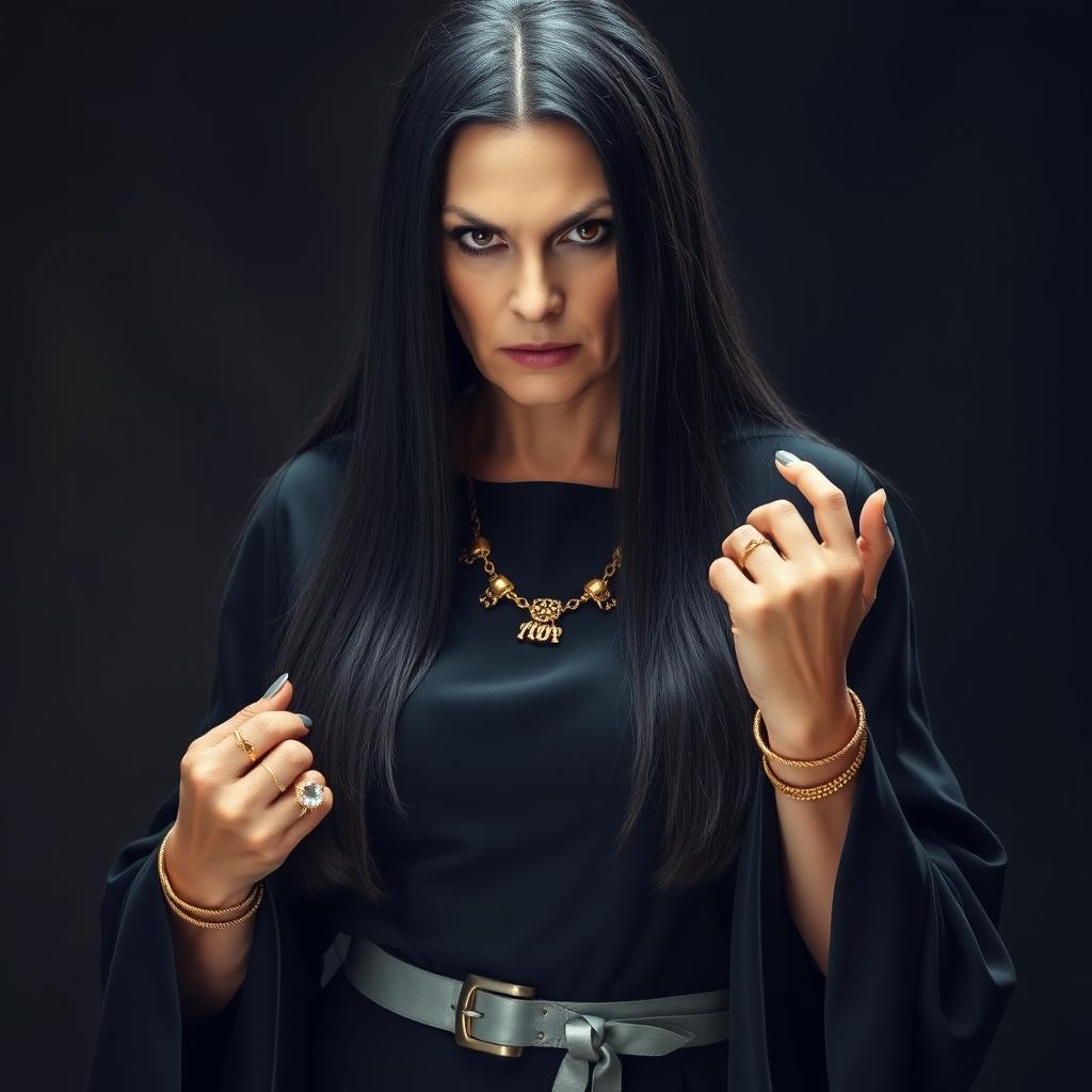 A 50-year-old woman with long, straight black hair and brown eyes, wearing a long black dress with wide sleeves and a silver belt