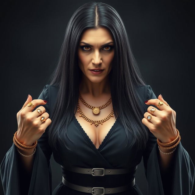 A 50-year-old woman with long, straight black hair and brown eyes, wearing a long black dress with wide sleeves and a silver belt