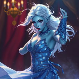 In the style of DnD character art, Maeve is depicted as a striking and enchanting figure with vivid light blue skin, elegantly pointed elven ears, and ethereal white hair that floats softly around her
