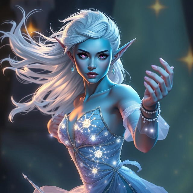 In the style of DnD character art, Maeve is depicted as a striking and enchanting figure with vivid light blue skin, elegantly pointed elven ears, and ethereal white hair that floats softly around her