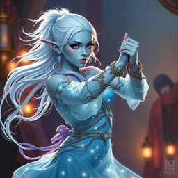 In the style of DnD character art, Maeve is depicted as a striking and enchanting figure with vivid light blue skin, elegantly pointed elven ears, and ethereal white hair that floats softly around her