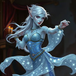 In the style of DnD character art, Maeve is depicted as a striking and enchanting figure with vivid light blue skin, elegantly pointed elven ears, and ethereal white hair that floats softly around her
