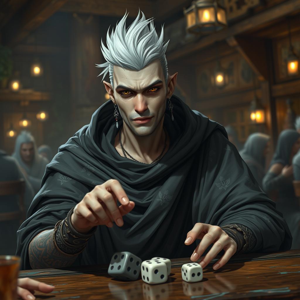 A Shadar-kai male, approximately 30 years old, sitting in a lively tavern