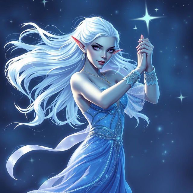 In the style of DnD character art, Maeve is portrayed as a stunning and otherworldly figure with radiant light blue skin, elegantly pointed elven ears, and flowing white hair that appears to float gently around her