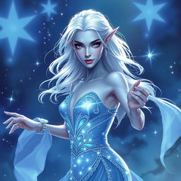 In the style of DnD character art, Maeve is portrayed as a stunning and otherworldly figure with radiant light blue skin, elegantly pointed elven ears, and flowing white hair that appears to float gently around her