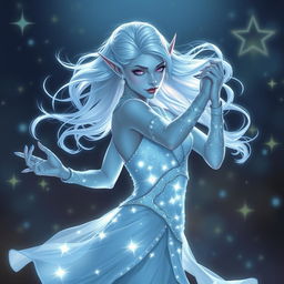 In the style of DnD character art, Maeve is portrayed as a stunning and otherworldly figure with radiant light blue skin, elegantly pointed elven ears, and flowing white hair that appears to float gently around her