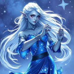 In the style of DnD character art, Maeve is portrayed as a stunning and otherworldly figure with radiant light blue skin, elegantly pointed elven ears, and flowing white hair that appears to float gently around her