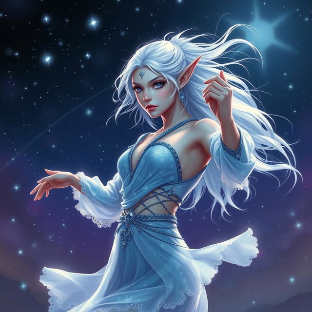 In the style of DnD character art, Maeve is presented as a captivating and formidable figure, possessing radiant light blue skin, delicately pointed elven ears, and flowing white hair that appears to float gently around her