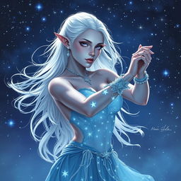 In the style of DnD character art, Maeve is presented as a captivating and formidable figure, possessing radiant light blue skin, delicately pointed elven ears, and flowing white hair that appears to float gently around her