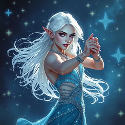 In the style of DnD character art, Maeve is presented as a captivating and formidable figure, possessing radiant light blue skin, delicately pointed elven ears, and flowing white hair that appears to float gently around her