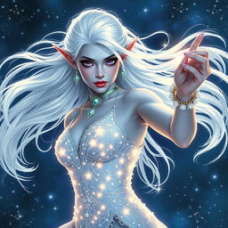 In the style of DnD character art, Maeve is presented as a captivating and formidable figure, possessing radiant light blue skin, delicately pointed elven ears, and flowing white hair that appears to float gently around her
