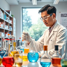 A focused chemist working in a modern laboratory, surrounded by various glassware filled with colorful liquids