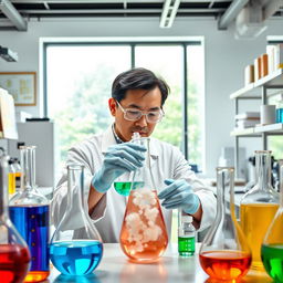 A focused chemist working in a modern laboratory, surrounded by various glassware filled with colorful liquids