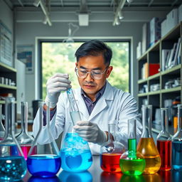 A focused chemist working in a modern laboratory, surrounded by various glassware filled with colorful liquids