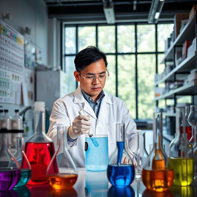 A focused chemist working in a modern laboratory, surrounded by various glassware filled with colorful liquids