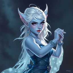 In the style of Dungeons and Dragons character art, a striking figure named Maeve stands out with light blue skin and elegant elven ears