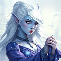 In the style of Dungeons and Dragons character art, a striking figure named Maeve stands out with light blue skin and elegant elven ears