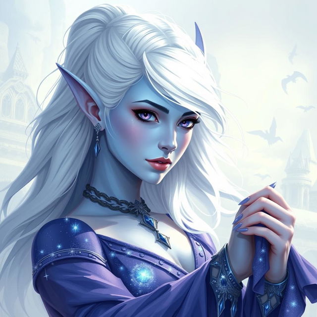 In the style of Dungeons and Dragons character art, a striking figure named Maeve stands out with light blue skin and elegant elven ears