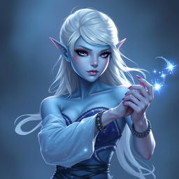 In the style of Dungeons and Dragons character art, a striking figure named Maeve stands out with light blue skin and elegant elven ears
