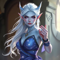 In the style of Dungeons and Dragons character art, a striking figure named Maeve stands out with light blue skin and elegant elven ears