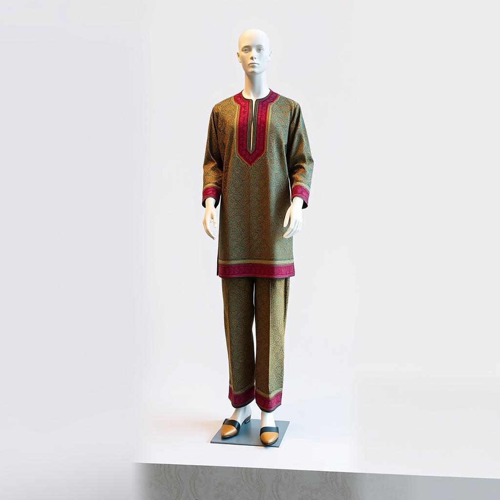 A full-body mannequin representing an Iranian seller, dressed in traditional clothing that reflects Iranian culture
