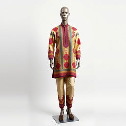 A full-body mannequin representing an Iranian seller, dressed in traditional clothing that reflects Iranian culture