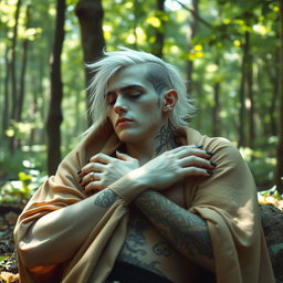 A Shadar-kai male, approximately 30 years old, peacefully sleeping in a serene forest