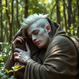 A Shadar-kai male, approximately 30 years old, peacefully sleeping in a serene forest