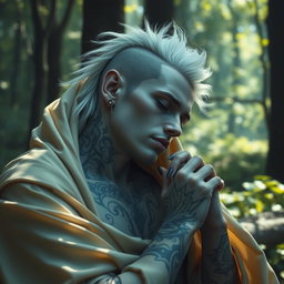 A Shadar-kai male, approximately 30 years old, peacefully sleeping in a serene forest