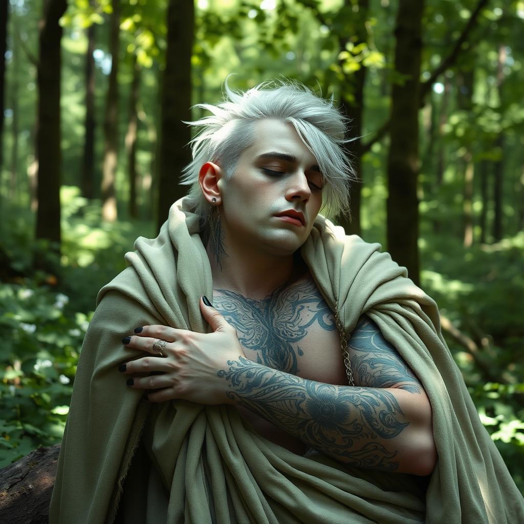A Shadar-kai male, approximately 30 years old, peacefully sleeping in a serene forest