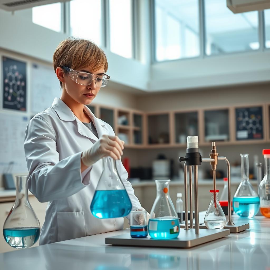 A determined female chemist with short hair, actively conducting experiments in a state-of-the-art chemistry lab