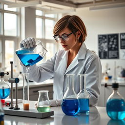 A determined female chemist with short hair, actively conducting experiments in a state-of-the-art chemistry lab