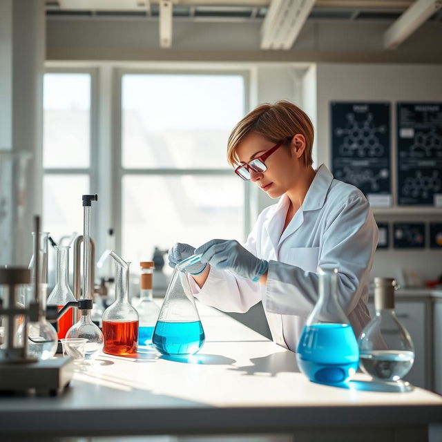 A determined female chemist with short hair, actively conducting experiments in a state-of-the-art chemistry lab