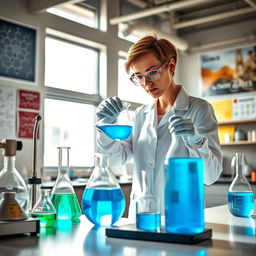 A determined female chemist with short hair, actively conducting experiments in a state-of-the-art chemistry lab