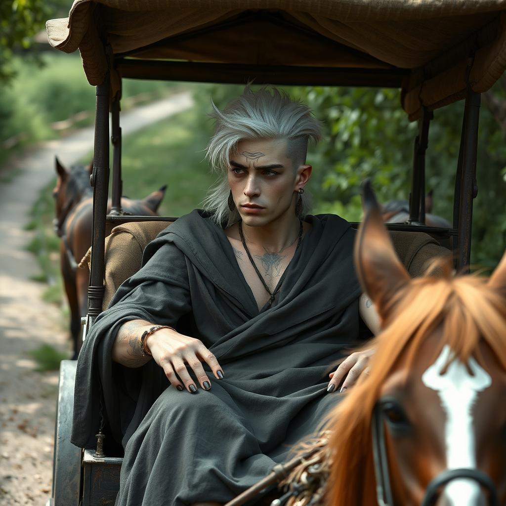 A Shadar-kai male, approximately 30 years old, lounging in a horse-drawn cart