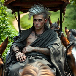 A Shadar-kai male, approximately 30 years old, lounging in a horse-drawn cart