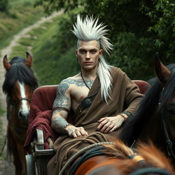 A Shadar-kai male, approximately 30 years old, lounging in a horse-drawn cart