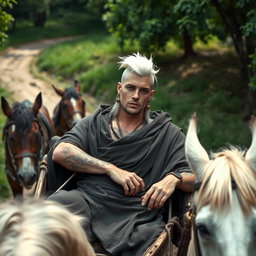 A Shadar-kai male, approximately 30 years old, lounging in a horse-drawn cart
